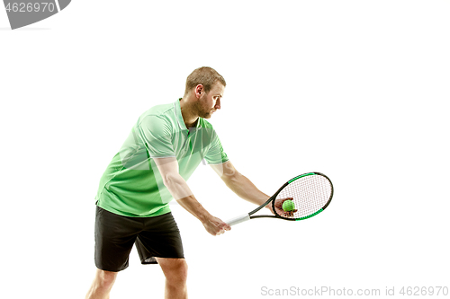 Image of one caucasian man playing tennis player isolated on white background