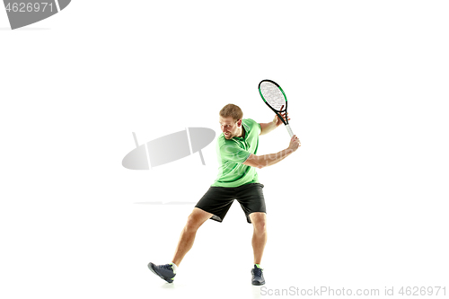 Image of one caucasian man playing tennis player isolated on white background