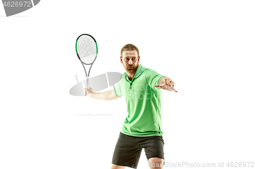 Image of one caucasian man playing tennis player isolated on white background