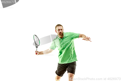 Image of one caucasian man playing tennis player isolated on white background