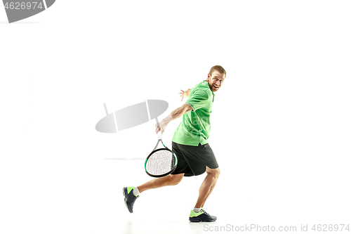 Image of one caucasian man playing tennis player isolated on white background