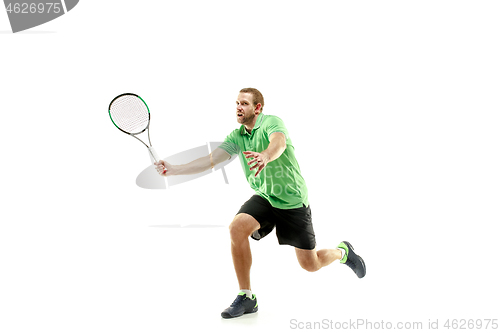 Image of one caucasian man playing tennis player isolated on white background