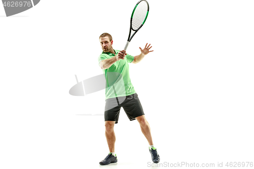 Image of one caucasian man playing tennis player isolated on white background