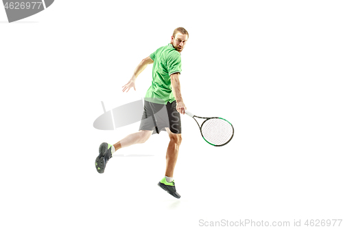 Image of one caucasian man playing tennis player isolated on white background