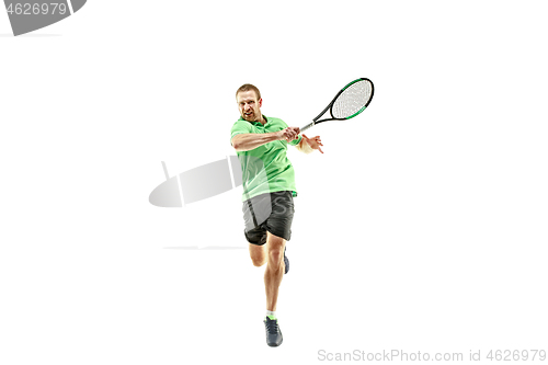 Image of one caucasian man playing tennis player isolated on white background