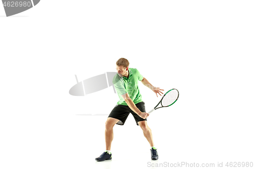 Image of one caucasian man playing tennis player isolated on white background