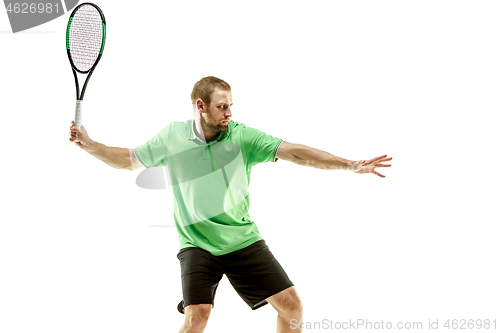 Image of one caucasian man playing tennis player isolated on white background