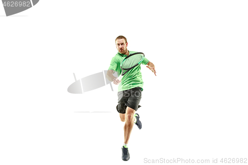 Image of one caucasian man playing tennis player isolated on white background