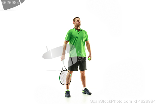 Image of one caucasian man playing tennis player isolated on white background