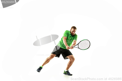 Image of one caucasian man playing tennis player isolated on white background