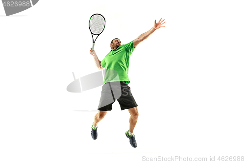 Image of one caucasian man playing tennis player isolated on white background