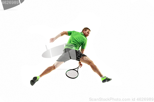 Image of one caucasian man playing tennis player isolated on white background