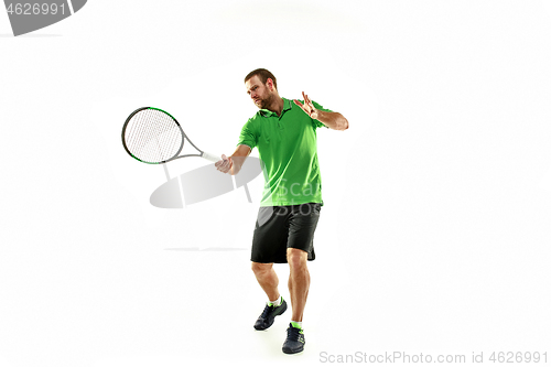 Image of one caucasian man playing tennis player isolated on white background