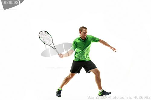 Image of one caucasian man playing tennis player isolated on white background