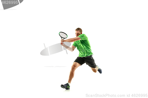 Image of one caucasian man playing tennis player isolated on white background