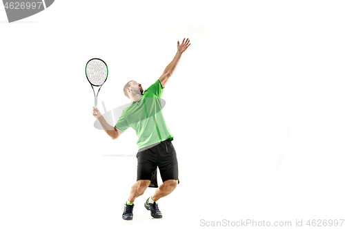 Image of one caucasian man playing tennis player isolated on white background