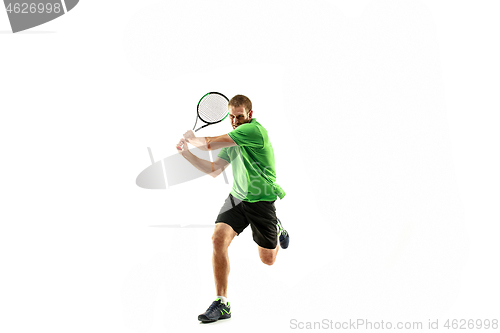 Image of one caucasian man playing tennis player isolated on white background