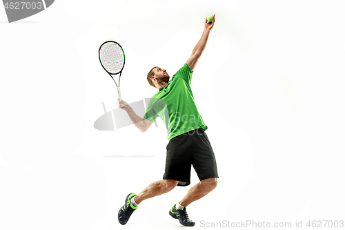 Image of one caucasian man playing tennis player isolated on white background