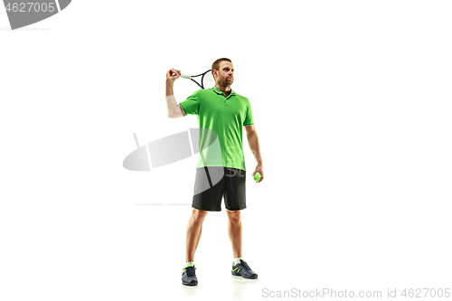 Image of one caucasian man playing tennis player isolated on white background