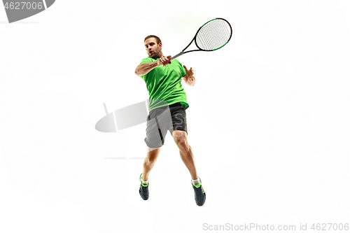 Image of one caucasian man playing tennis player isolated on white background