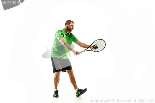 Image of one caucasian man playing tennis player isolated on white background