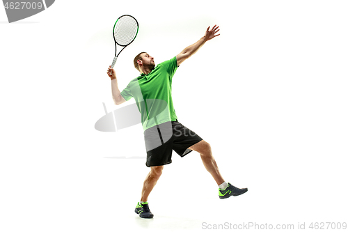 Image of one caucasian man playing tennis player isolated on white background