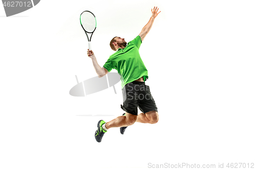 Image of one caucasian man playing tennis player isolated on white background