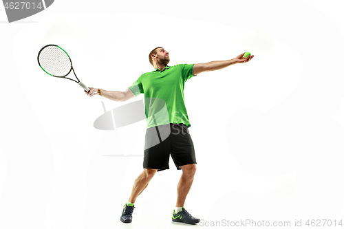 Image of one caucasian man playing tennis player isolated on white background