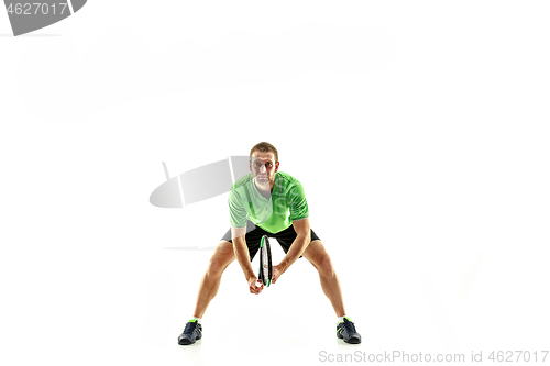 Image of one caucasian man playing tennis player isolated on white background