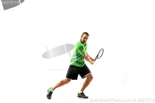 Image of one caucasian man playing tennis player isolated on white background