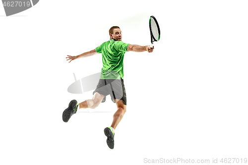 Image of one caucasian man playing tennis player isolated on white background