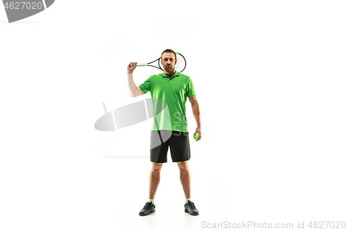 Image of one caucasian man playing tennis player isolated on white background