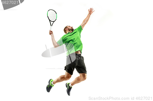 Image of one caucasian man playing tennis player isolated on white background