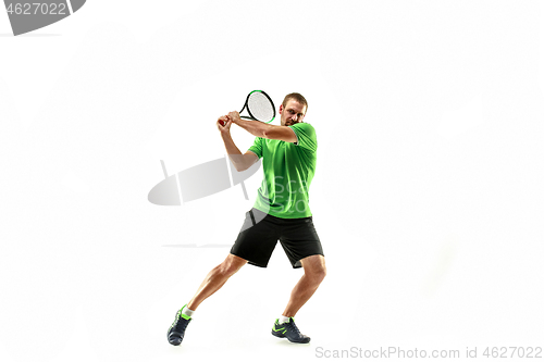 Image of one caucasian man playing tennis player isolated on white background