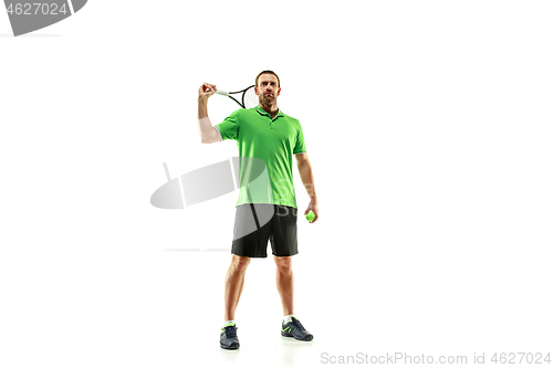 Image of one caucasian man playing tennis player isolated on white background