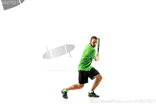 Image of one caucasian man playing tennis player isolated on white background