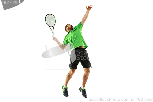 Image of one caucasian man playing tennis player isolated on white background