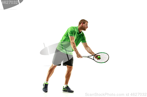 Image of one caucasian man playing tennis player isolated on white background