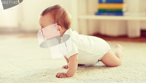 Image of little baby in diaper crawling on floor at home