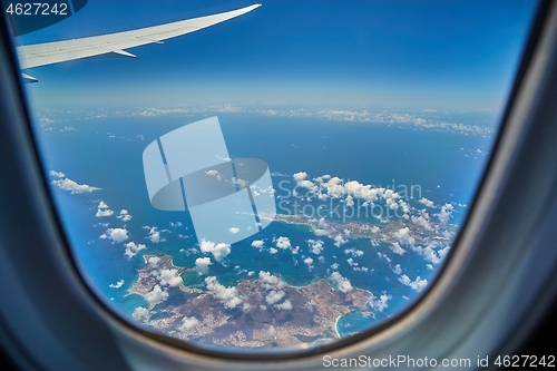 Image of Saint Martin and Anguilla Caribbean islands seen frome airplane window