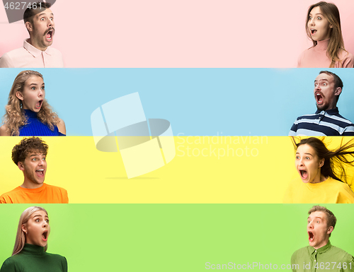 Image of The woman and man screaming with open mouth isolated on yellow background, concept face emotion