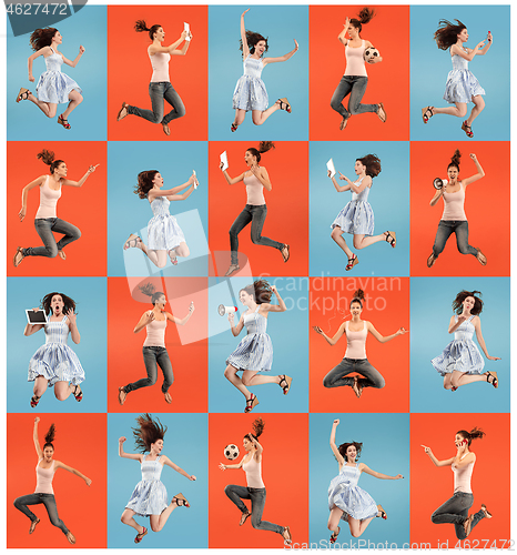Image of Freedom in moving. Pretty young woman jumping against orange background