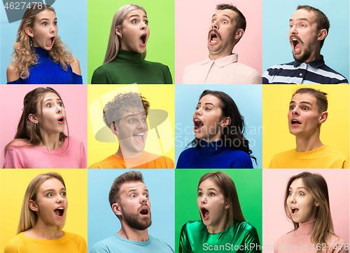 Image of The woman and man screaming with open mouth isolated on yellow background, concept face emotion