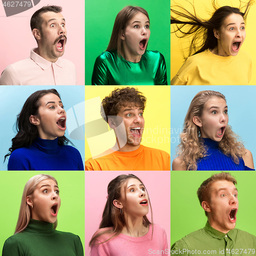 Image of The woman and man screaming with open mouth isolated on yellow background, concept face emotion