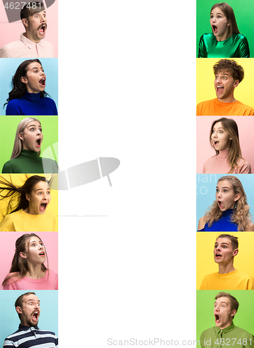 Image of The woman and man screaming with open mouth isolated on yellow background, concept face emotion