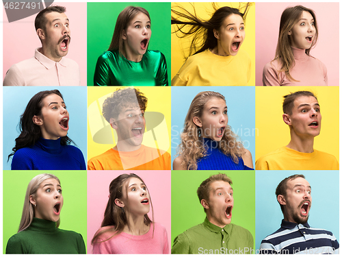 Image of The woman and man screaming with open mouth isolated on yellow background, concept face emotion