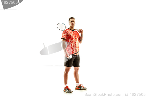 Image of Young male badminton player over white background