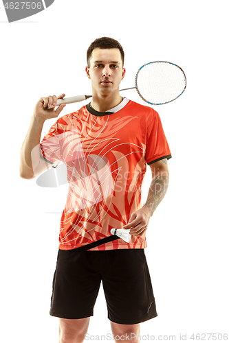 Image of Young male badminton player over white background