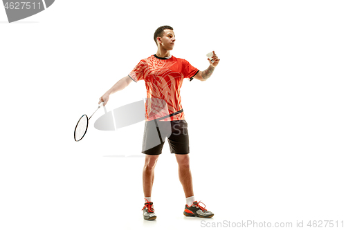 Image of Young male badminton player over white background