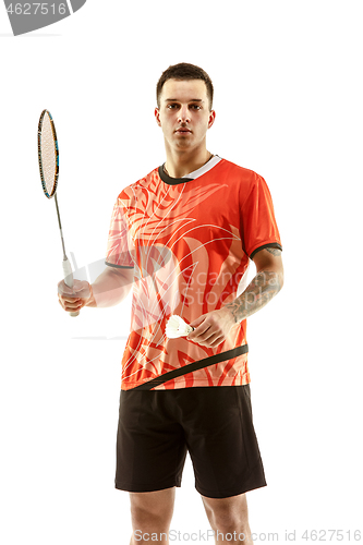 Image of Young male badminton player over white background